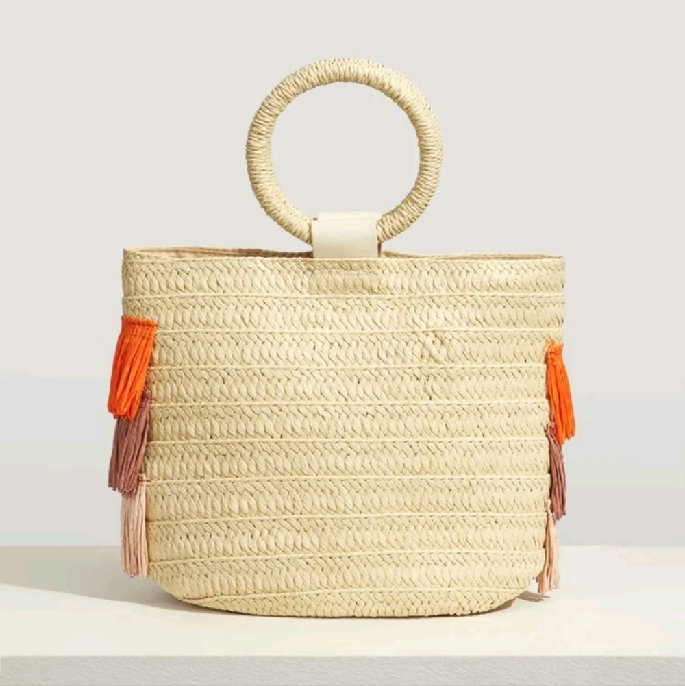 Fringed Straw Tote Bag in Orange, Mauve & Beige - Picture 4 of 6